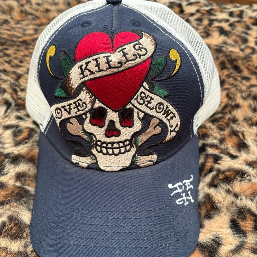 Ed Hardy "Love Kills Slowly" Navy and White Trucker Hat